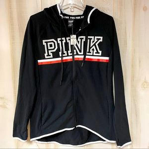 NWT VS Pink Campus Black Zip Up Logo Jacket Sz M Hoodie
